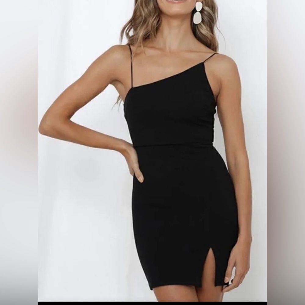 Just Quella Black Asymmetrical Bodycon Black Cocktail Dress - Picture 1 of 2